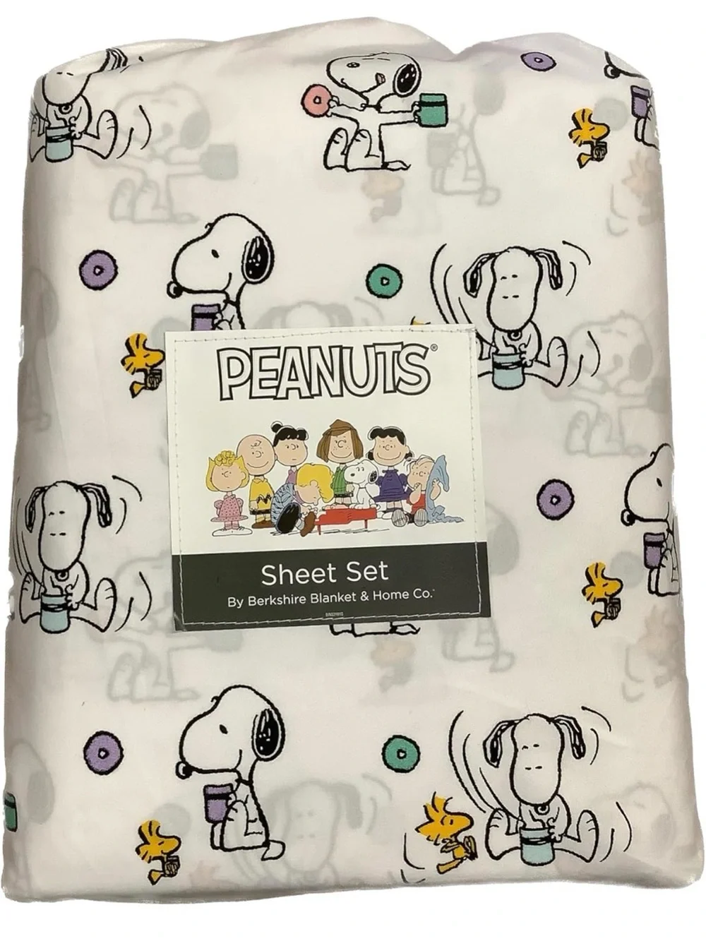 Peanuts Snoopy & Woodstock Full Sheet Set White w Purple, Teal, Yellow Accents